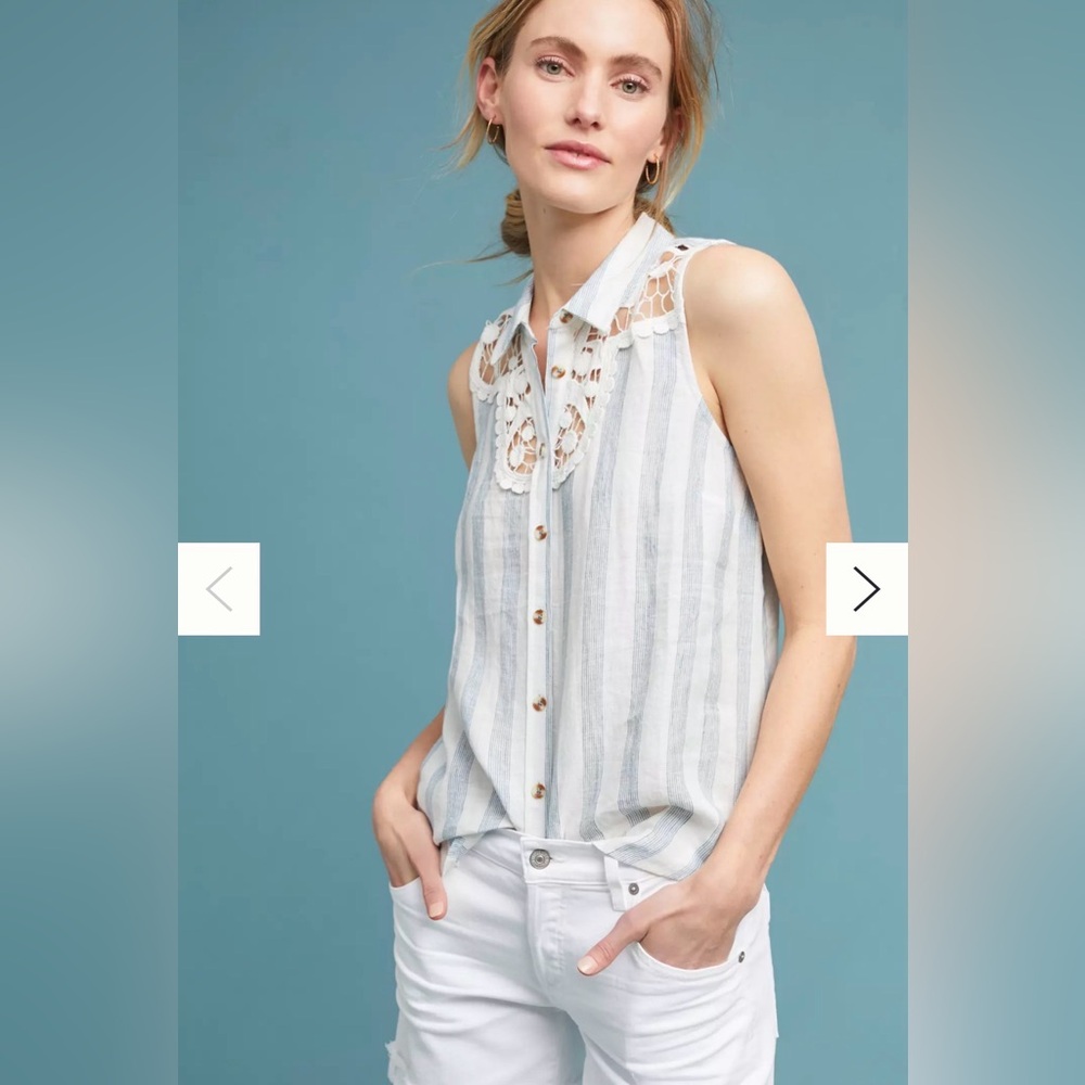 Maeve Blue and White Striped Lace Blouse. 100% linen. Size‎ S